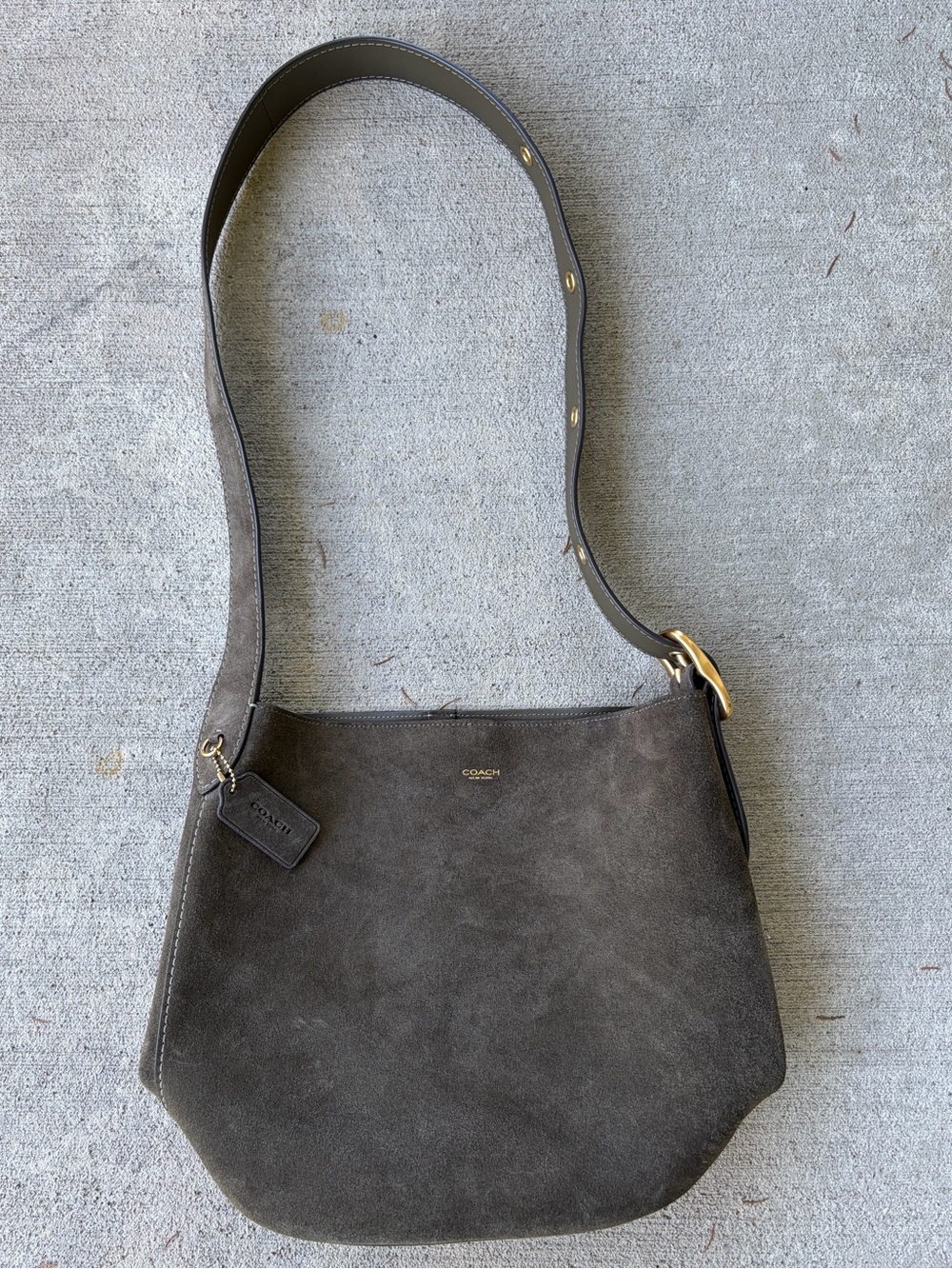 Coach Bleecker Bucket Bag olive green suede crossbody purse gold